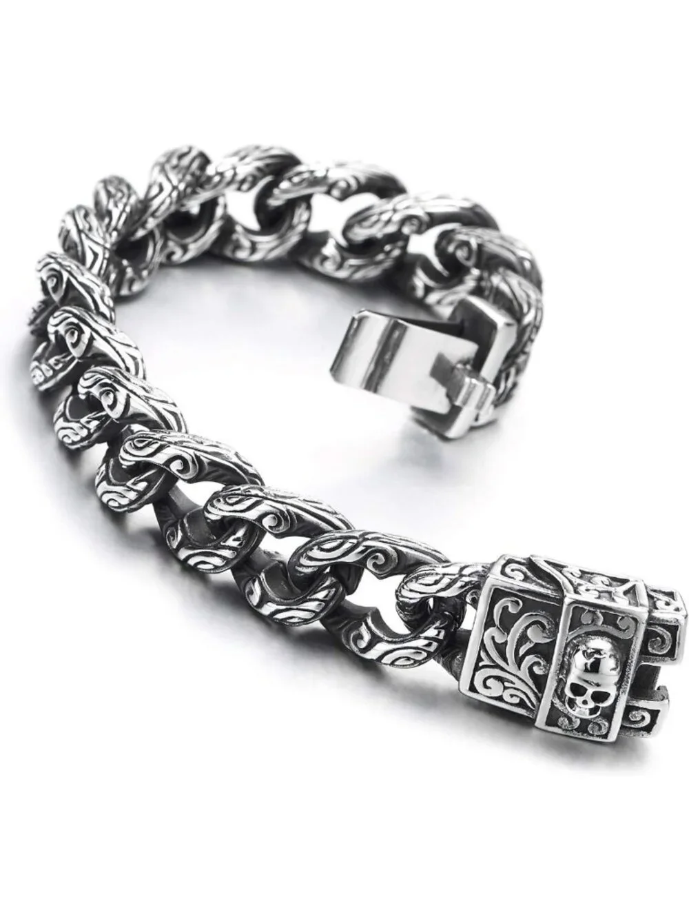 Gothic Retro Men's Large Steel Tribal Curb Chain Bracelet with Skull Clasp